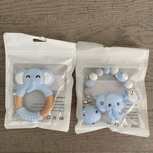 Baby Silicone Elephant teether ring & pacifier set in blue